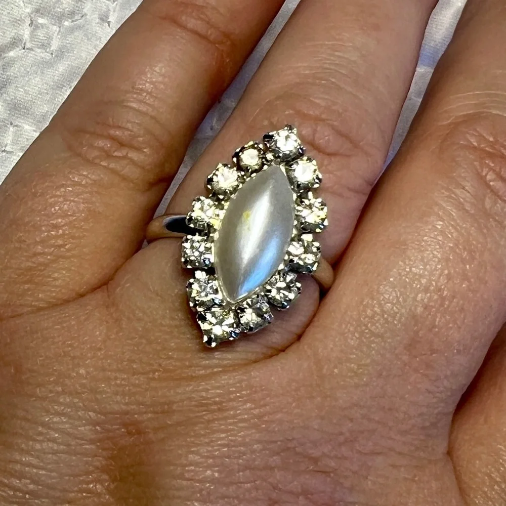 Vintage Sarah Coventry Faux Pearl and Rhinestones Adjustable Band Ring